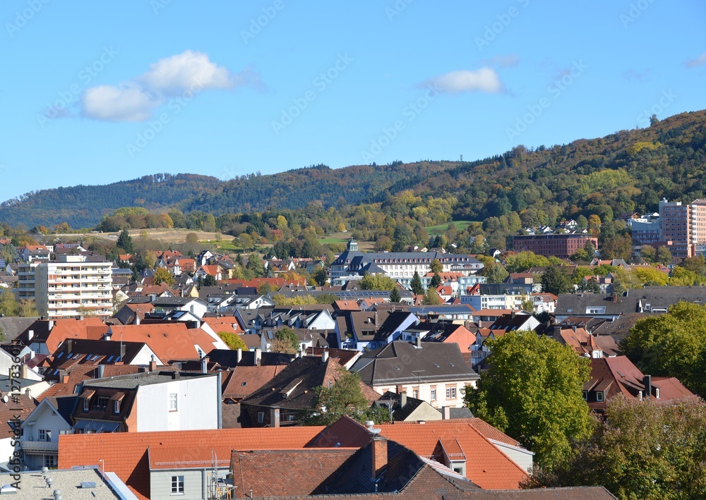 high angle view across the downtown area towards the Black Forest;  Lahr, Baden Germany 