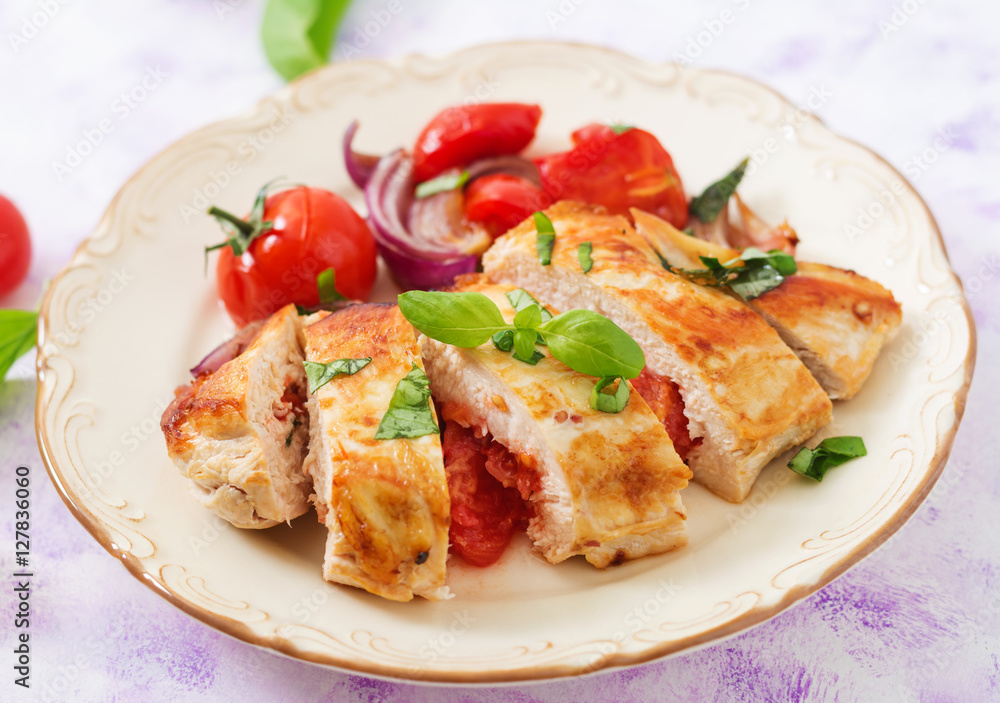 Grilled Chicken breast stuffed with tomatoes, garlic and basil Grilled Chicken breast stuffed with tomatoes, garlic and basil