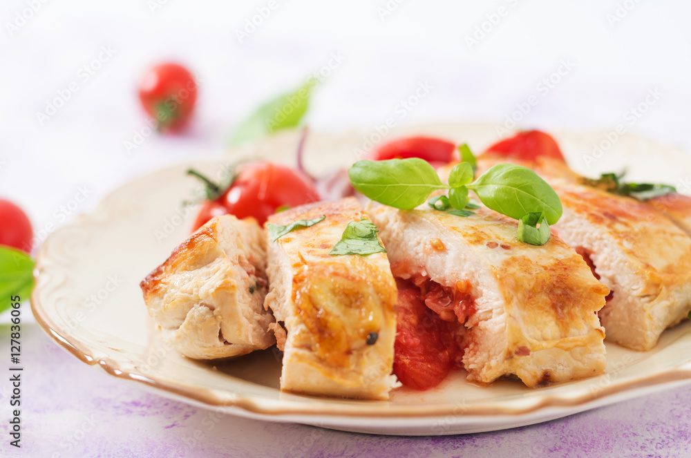 Grilled Chicken breast stuffed with tomatoes, garlic and basil Grilled Chicken breast stuffed with tomatoes, garlic and basil