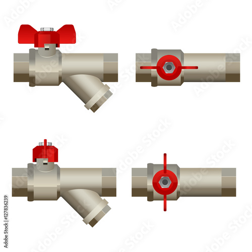 Ball valve with filter, vector illustration, side and top view, open closed, realistic design, isolated on white