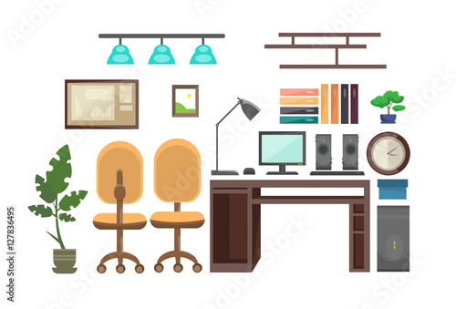 Empty Workplace Desk Workspace Office Interior No People Flat Vector Illustration