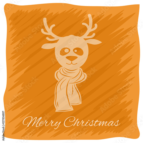 Christmas or New Year's greeting card. Vector logo, emblem design. Bright orange stripes painted carelessly. Transparent silhouette of a Christmas deer in a scarf.