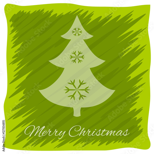 Christmas or New Year's greeting card. Vector logo, emblem design. Bright green stripes painted carelessly. Transparent silhouette of a Christmas tree decorated with snowflakes.