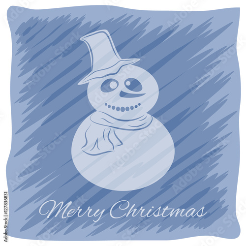 Christmas or New Year's greeting card. Vector logo, emblem design. Bright blue stripes painted carelessly. Transparent silhouette of a snowman in a hat and scarf.