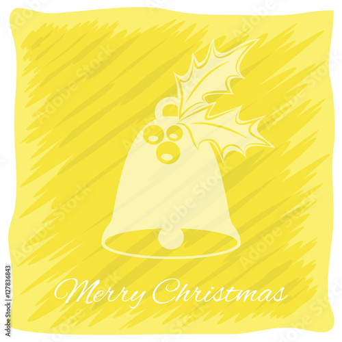 Christmas or New Year's greeting card. Vector logo, emblem design. Bright yellow stripes painted carelessly. Transparent silhouette of a Christmas bell. Usable for banners, greeting cards, gifts etc.