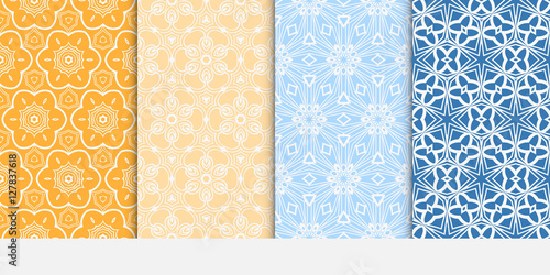 set of modern floral seamless pattern. vector. blue, orange color. for design invitation, wallpaper, cover card