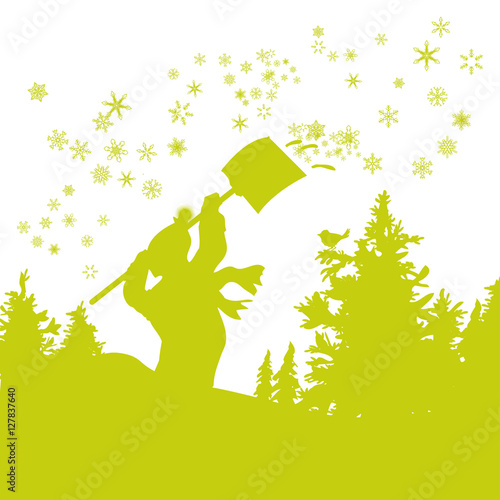 Mann schippt Schnee in einer Winterlandschaft 