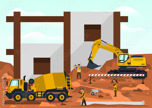 Construction site. Employees performing the construction of the building