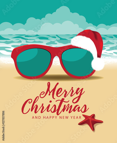 Merry Christmas and a Happy New Year in a warm climate design. Sunglasses with a Cartoon Santa Claus hat at the beach. EPS 10 vector.