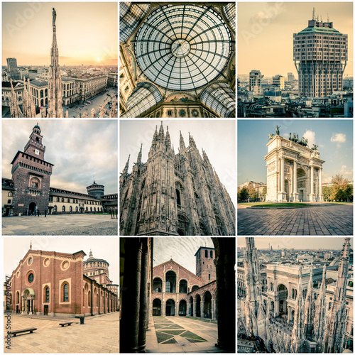 Milan city monuments mosaic - Duomo - Galleria Vittorio Emanuele - Velasca tower - Sforza Castle - Arch of Peace - S. Maria delle Grazie church - St. Ambrogio basilica photo