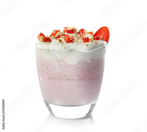 Strawberry milk shake on white background