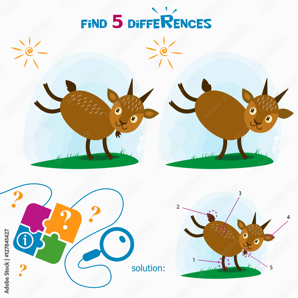 Fototapeta premium Find 5 differences. Cartoon Vector Illustration of Finding Differences Educational Activity Task for Children with cute goat