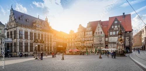 Bremen market square panorama at sunset, Germany