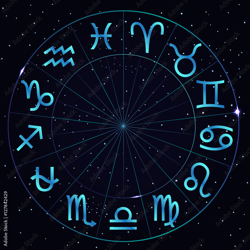 Fototapeta premium Vector illustration of zodiac circle on cosmic background with stars. Astrology horoscope signs. Zodiac circle with thirteenth astrological sign Ophiuchus.