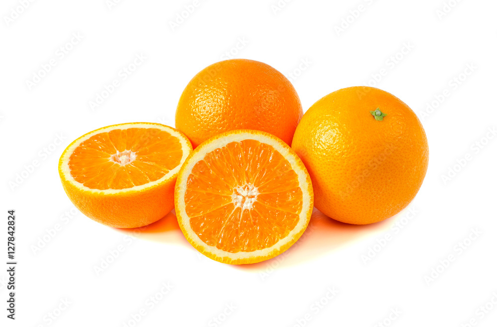 Orange fruit with half isolated on white background. Orange fruit with half isolated on white background.