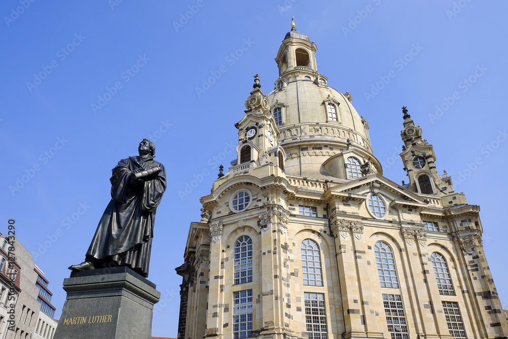 The Dresden Frauenkirche and the monument of Martin Lüther -Dresden, Germany.