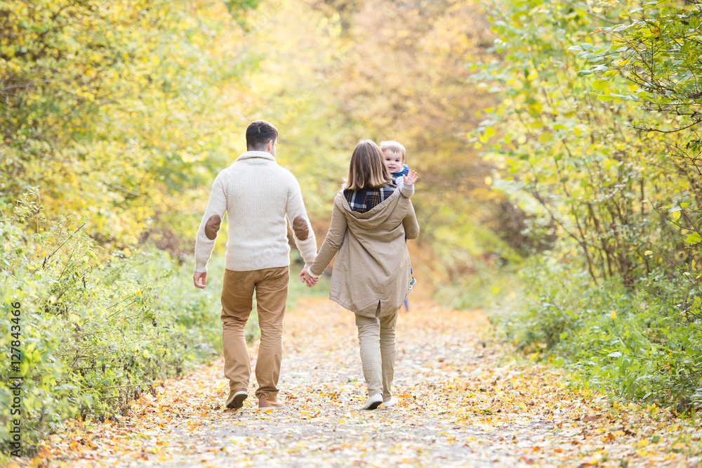 Beautiful young family on a walk in autumn forest. Beautiful young family on a walk in autumn forest.