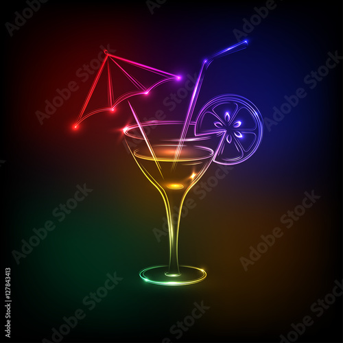 Neon cocktail . Glass with a drink .Night bar, restaurant.Vector illustration