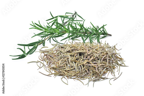 fresh and dried rosemary isolated on white background