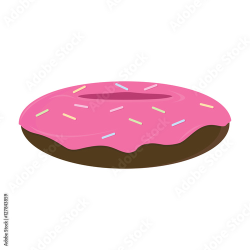 Chocolate donut with pink frosting and sprinkles