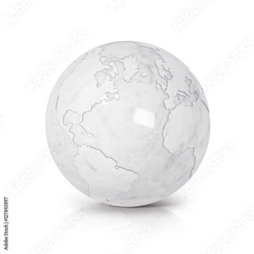 White Marble globe 3D illustration North and South America map on white background