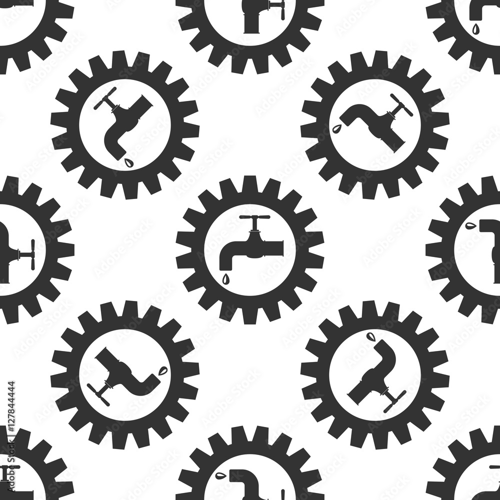 Gearwheel with tap sign as plumbing work logo icon seamless pattern on white background. Vector Illustration