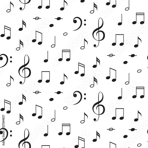 Musical notes seamless vector pattern. Black notes on white background.