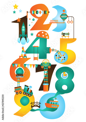 Play and Learn, Early Math. Learn Numbers. Cute Educational Poster for Kids. Editable vector illustration