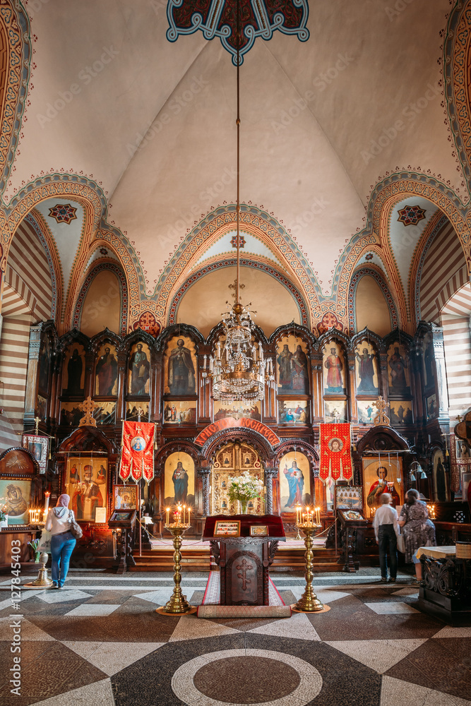 Vilnius Lithuania. Iconostasis, Church Interior Of Orthodox Church