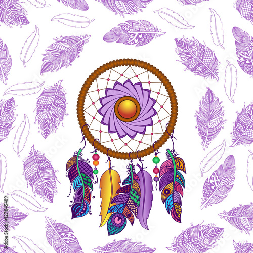 Hand drawn colored dreamcatcher seamless pattern
