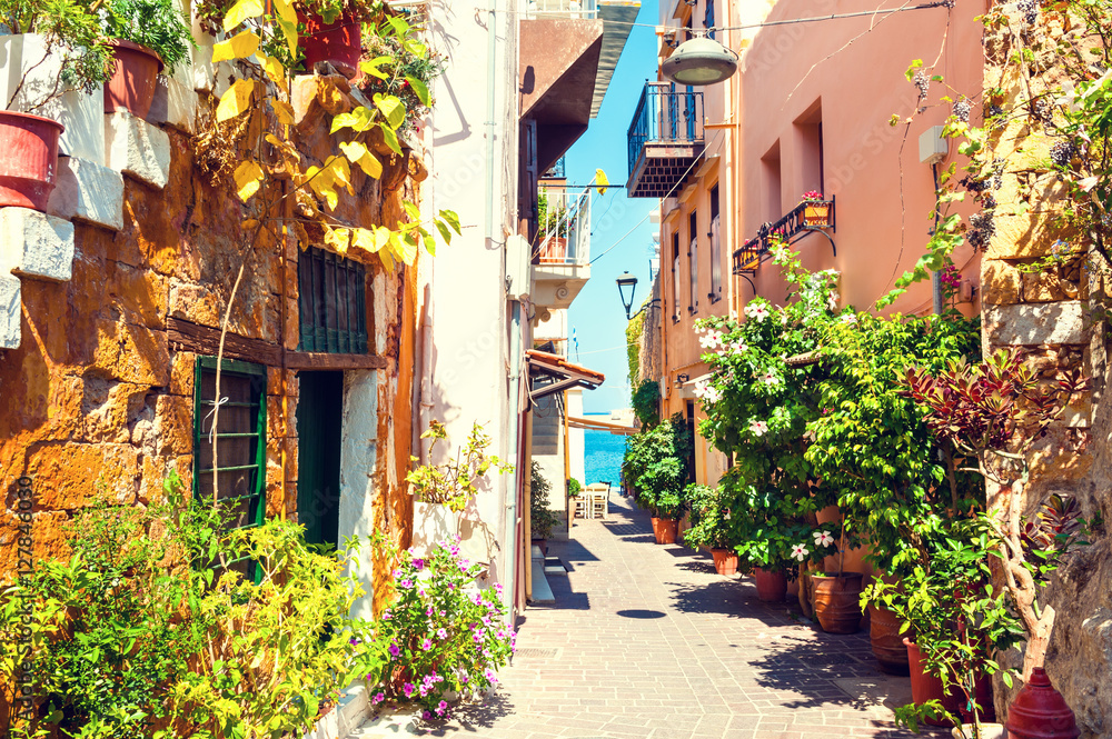 Beautiful street in Chania, Crete island, Greece.