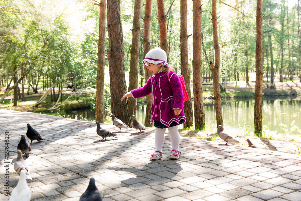 Fototapeta premium The child, a little girl in a park feeding pigeons. Parenting and child development. Organization preschooler recreation.