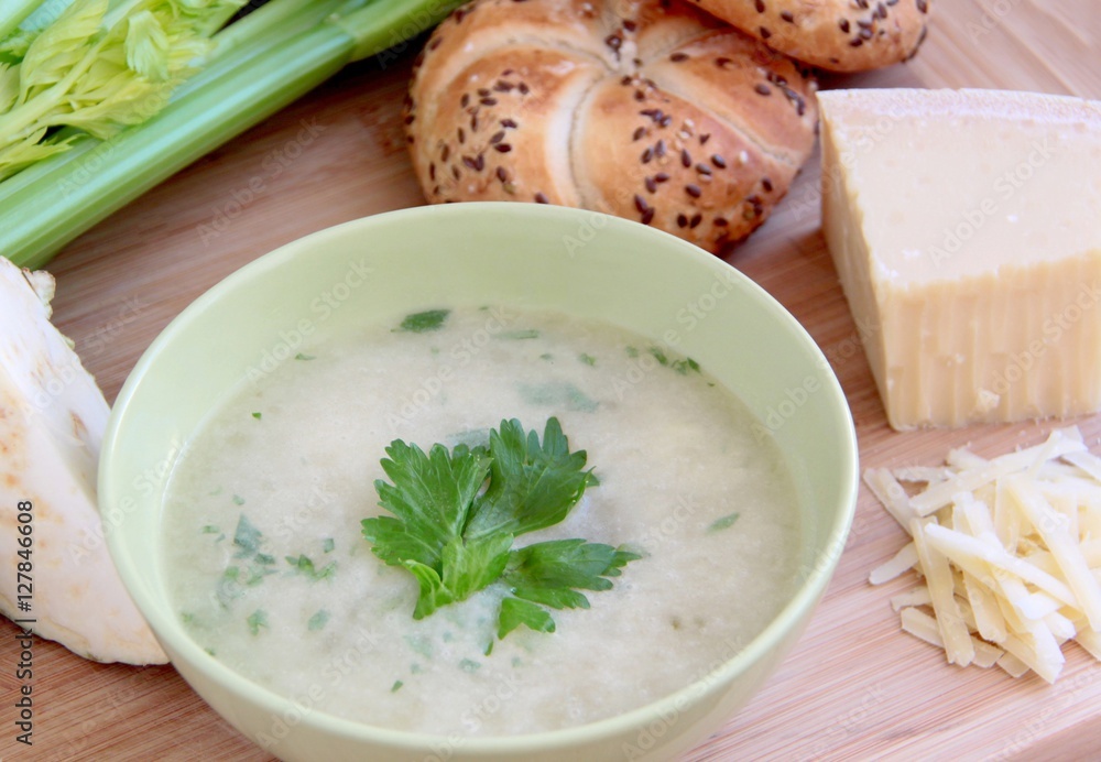 Vegetable celery soup with parmesan cheese and whole grain bread. Vegetable celery soup with parmesan cheese and whole grain bread.