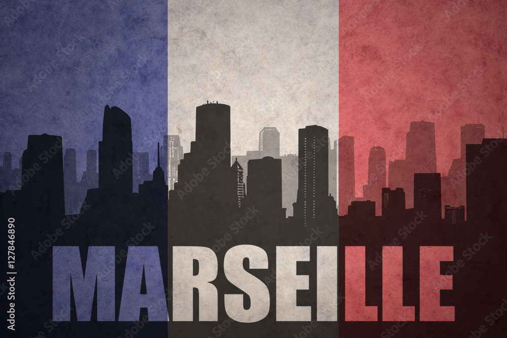 abstract silhouette of the city with text Marseille at the vintage french flag