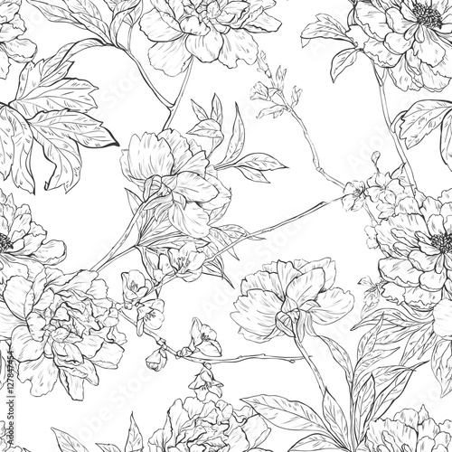Floral hand drawn seamless pattern with flowers. 