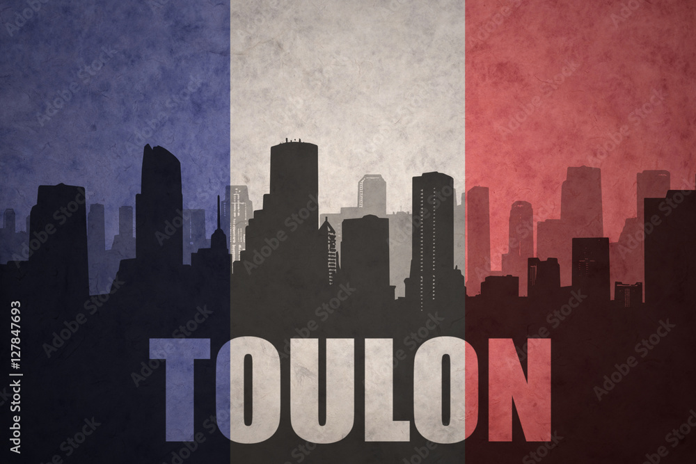 abstract silhouette of the city with text Toulon at the vintage french flag