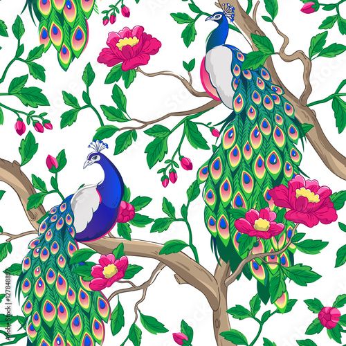 Floral pattern with peacock and pink flowers.