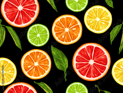 Seamless pattern with citrus fruits slices. Mix of lemon lime grapefruit and orange
