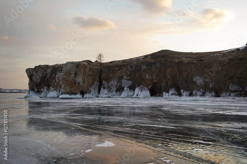 Icy rocks, shore of lake Baikal in winter