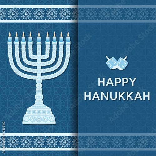 Hanukkah background with menorah and text Happy Hanukkah. Candles, David star and jewels. Beautiful greeting card.