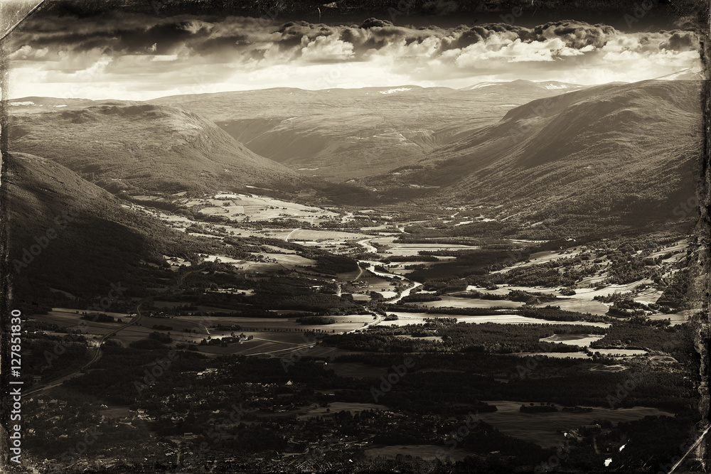 Vintage Norway mountain valley postcard background