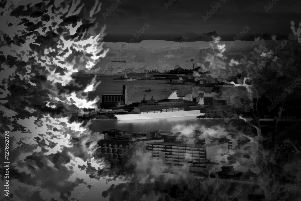 View on Oslo from the hill city dark illustration background