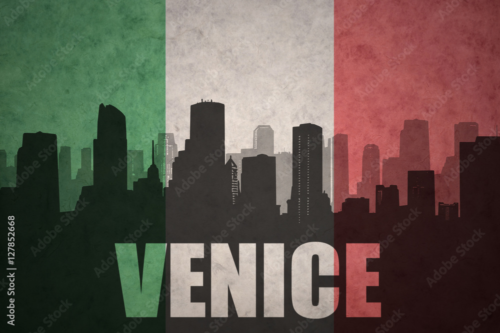 abstract silhouette of the city with text Venice at the vintage italian flag