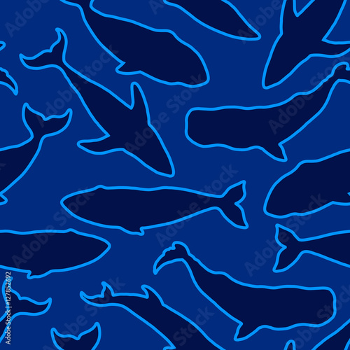 Seamless pattern with glowing silhouettes of cats. Background with a group of different species of whales.