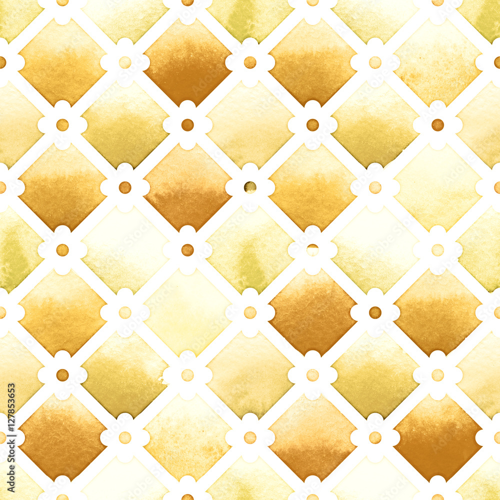 Naklejka premium Wilton trellis pattern with quatrefoil of yellow colors on white background. Watercolor seamless pattern. Spicy Mustard