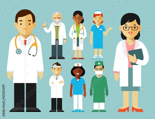 Medicine set with doctors and nurses in flat style isolated on blue background