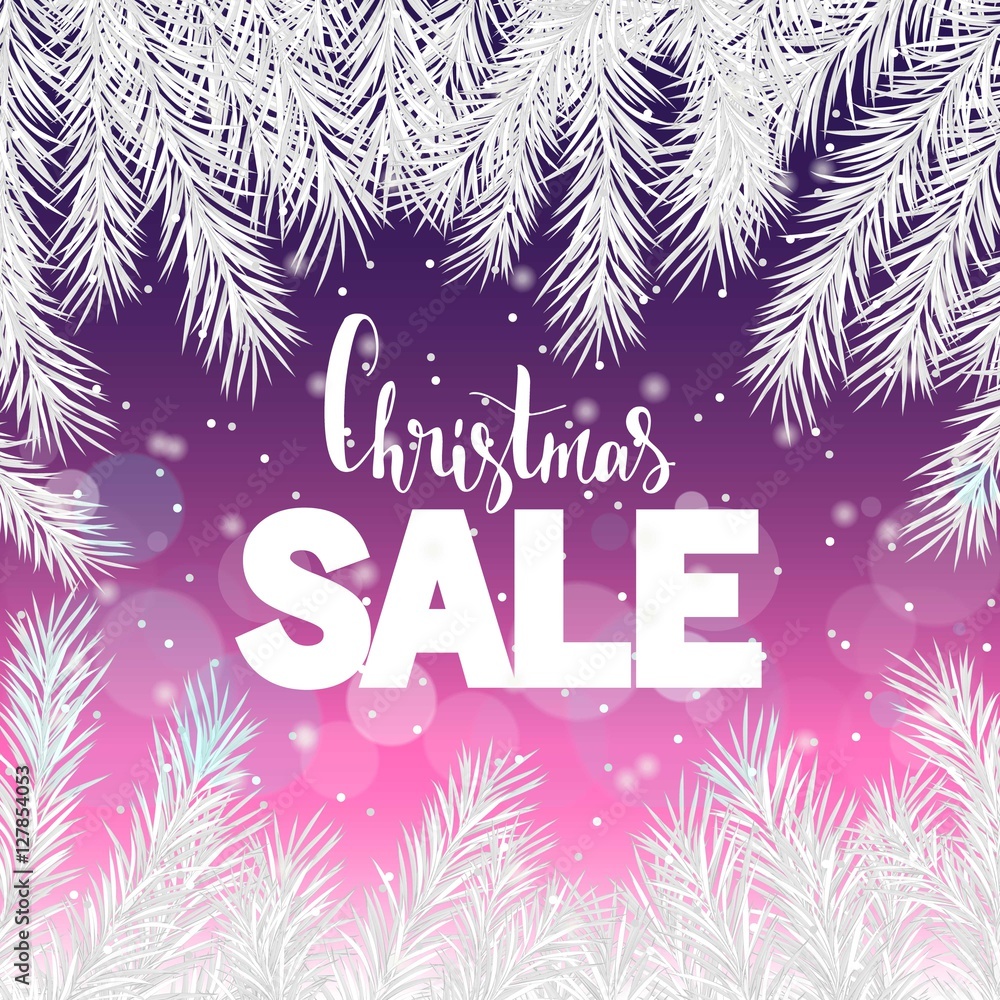 Christmas sale. Silver branch of spruce. Vector banner.