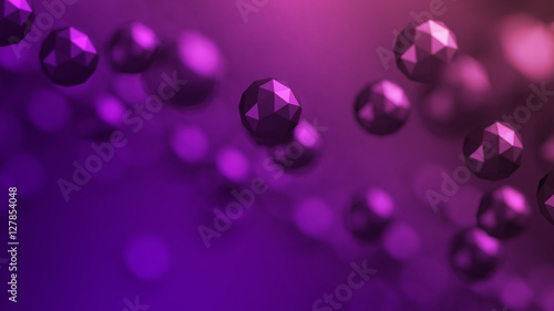 Abstract 3d rendering of chaotic low poly particles. Flying polygonal spheres in empty space. Futuristic background with bokeh effect. Poster design.