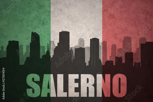 abstract silhouette of the city with text Salerno at the vintage italian flag