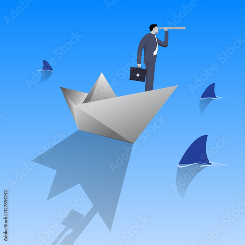 Swimming in dangerous water business concept. Confident businessman in business suit with case and looking glass swimming on paper boat in sea full of shark fin. Vector illustration.